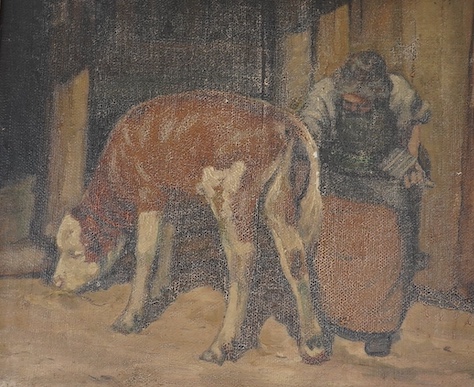 Late 19th century School, oil on board, Woman beside calf, 22 x 26cm. Condition - poor